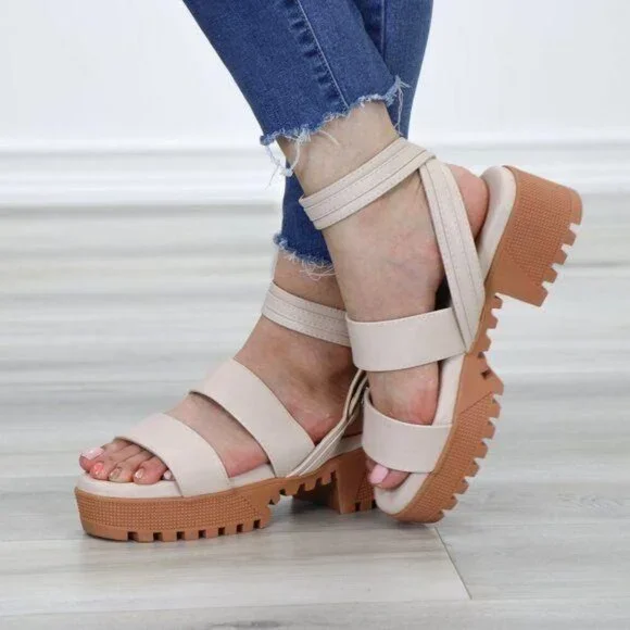 Nude Strappy Chunky Heel Sandal Faux Leather - Picture 8 of 12